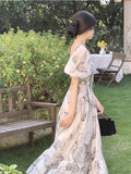 Ebbgo  Bubble Sleeve Elegant Vintage Dress Women Floral Print Princess Sweet Long Dress Female Lace-up Retro Designer Dress  Summer