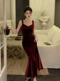 Ebbgo  -  Elegant Burgundy Party Prom Dress Spring Summer Solid Sleeveless Velvet Wedding Robe Lady Bodycon Spaghetti Strap Vestido Mujers