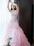 Ebbgo  -  Evening dress super-fairy floral tube top pink light luxury banquet temperament princess dresses l0909