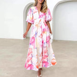 Ebbgo  -  Spring Fashion Floral Print Hem Long Dress Women Elegant V Neck High Waist Party Dress Summer Short Sleeve Holiday Beach Dresses