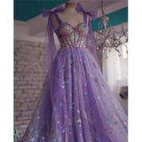 Ebbgo  -   Purple Charming Tulle Prom Dresses Long A-Line Bow Straps Glitter Sweetheart Party Gowns Custom Made Vestidos De Gala Robe