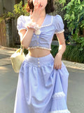 Ebbgo  Blue Striped Sweet Two Piece Set Women Lace France Elegant Long Skirts Suit Female Korean Puff Sleev Blouse + Party Skirt Summer