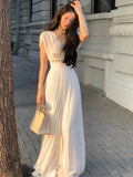 Ebbgo  -  Summer New Elegant Party Pleats Long Dresses for Women V-neck High Waist Holiday Casual Sleeveless Female Clothing Robe