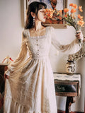 Ebbgo  Vintage Lace Embroidery Fairy Dress Women Retro French Style Square Collar Lantern Sleeve Princess Dresses Vestido Festa