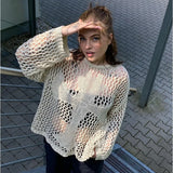 Ebbgo   -  Fashion Hollow Out Y2k Cropped Knit Jumper Tops Long Sleeve T-shirt Harajuku Oversized Streetwear O-neck Sexy Beach Sweater New