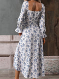 Ebbgo  Boho Long Dresses Women Vintage Floral Print Dress Female Elegant Square Collar Backless Dress Ladies Casual Beach Party Vestido