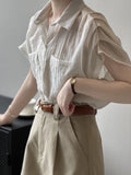 Ebbgo  -  Summer Lapel Shirt Tops Fashion Drawstring Hem Shirt Women's Niche Design Buttons Short Sleeve Shirt Tops