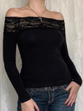 Ebbgo  Slash Neck T-shirt Women Sexy Off Shoulder Tops Female Vintage Lace Patchwork T-Shirts Ladies Skinny Long Sleeve Y2k Pullovers