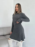 Ebbgo  -  Women Ribbed Knitted Mini Skirt 2 Pieces Set Fashion Polo Collar Button Long Sleeve Pullover Suits Lady Chic Street Outfits