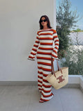 Ebbgo   -  Summer Knitted Stripe Maxi Dress Women Crochet Sheer Flare Sleeve Party O-neck Dresses Sexy Backless Beach Holiday Street Robes