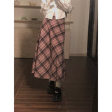 Ebbgo  Vintage Plaid Woolen Skirts Ladies 2024 Spring Autumn Fashion Korean A-Line Loose Casual Women High Waist Midi Pink Plaid Skirt