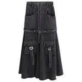 Ebbgo  American Vintage Detachable Black Gray Deinm Skirts Autumn Winter Mid-length Faldas Mujer Y2k High Waist A-line Skirt for Women