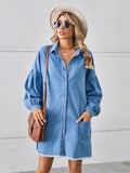 Ebbgo   Lantern Sleeve Oversized Denim Dress Women 2024 Spring Pockets Casual Single Breasted Raw Hem Streetwear Mini Dresses