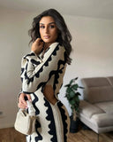 Ebbgo  -  Wave Striped Women Knitted Maxi Dress Elegant O-neck Long Sleeve Bodycon Dress Autumn Streetwear Party Robe