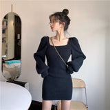 Ebbgo  -  Autumn Winter Dress Elegant Vintage Thick Slim Warm Women Knitted Dress Square Collar Knit Chic Sweater Dress