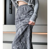 Ebbgo  Sequins Long Skirt Women Autumn New Fashion High Waisted Shiny Trumpet Skirts Vintage Elegant Solid Ruffles Skirt