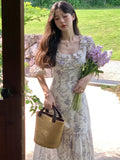 Ebbgo  Summer Floral Sweet Dress Women Designer Ruffle Flounce Elegant Midi Dress Female Korean Fashion Temperament Holiday Dress