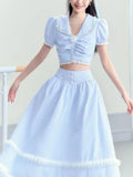 Ebbgo  Blue Striped Sweet Two Piece Set Women Lace France Elegant Long Skirts Suit Female Korean Puff Sleev Blouse + Party Skirt Summer