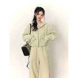 Ebbgo  -  Women's Sports Suit Autumn Winter New Two-piece Set Candy Color Zipper Hooded Sweater Jacket + High Waist Casual Pants Loose