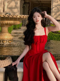 Ebbgo  French Elegant White Strap Midi Dress  Summer New Casual Evening Party Dress Women Beach Sleeveless Lace-up Red Dress Korean