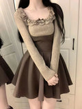 Ebbgo  -  Fashion Slim Waist Ruched Vest Strap Dresses+ Sweet Lace O-neck Knitted Tops Women Spring Autumn New Two Piece Sets