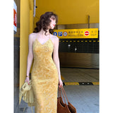 Ebbgo  2024 Summer Yellow Vintage Spaghetti Strap Women Bodycon Cheongsam Dress Elegant Slim V-neck Female Package Hip Dress Vestidos