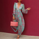 Ebbgo  -  Elegant Chic Chiffon Wide Leg Pants Jumpsuits Women Temperament Commute Rompers Lady Sexy Long Sleeve Deep V Print Jumpsuit