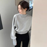 Ebbgo  Chic Batwing Sleeve Cropped Sweatshirts Women Solid Elegant Pullover Top Casual Autumn Round Neck Korean Fashion Hoodie