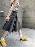 Ebbgo  Korean style Preppy Fashion Vintage Plaid Summer Women Midi Skirt High Waist Pleated A-line Temperament Loose Y2K Skirt