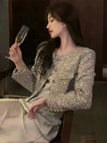 Ebbgo  Sequins Jackets for Women  Fall New Long Sleeve O Neck Single Breasted Coat French Elegant Office Lady Solid Jacket