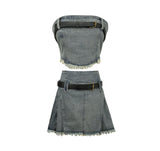 Ebbgo  -  Women's Summer Sexy 2 pcs Sets Off Shoulder Denim Tops+High Waist Pleated Jean Skirt Set