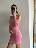 Ebbgo  - Elegant Off The Shoulder Mesh Dress Sexy Halter Boning Bodycon Birthday Party Dresses Pink Summer Dresses Women