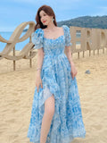 Ebbgo  Summer Ruffles Holiday Beach Boho Maxi Dress Women Short Sleeve Print Floral Split Dress Elegant Evening Party Robe Long Dress