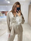 Ebbgo  -  Satin Feather Pajamas for Women Spring Causal Loose Home Suit Luxury Sleepwear Long Sleeve Lace-Up Robes Two Piece Set Female