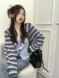 Ebbgo  -  Casual Striped Long Sleeved Patchwork Fake Two-piece V-neck Sweater Knitted Cardigan Fashion Tops Autumn New Coat