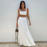 Ebbgo  -  Elegant Knitted Skirt Set Women Crop Top and Maxi Skirt Outfits Summer Casual Solid Bohemia Holiday Beach Two Piece Set