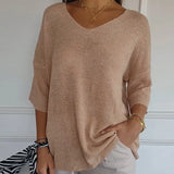 Ebbgo  -  Spring Autumn Solid Thin Knitted Sweater Women Casaul V Neck Simple Tops Pullover Sexy Half Sleeve Loose Bottoming T-shirts