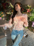 Ebbgo  Chiffon Print Elegant Vintage Blouse Women Flare Sleeve Fairy Sweet Blouse Female Ruffles France Style Causal Tops Summer