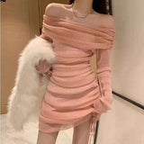 Ebbgo  Sexy Slim Slash Off Shoulder Women's Long Sleeve Drawstring Pleated Hip Wrap Pink Mesh Dress Mini Party Prom  Evening Robe