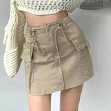 Ebbgo  Cargo Mini Denim Skirts Women Summer  Army Green Multi Pockets Streetwear Skirt Drawstring High Waist Mini Skirts Woman