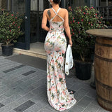 Ebbgo  -  Spring Floral Print High Split Long Maxi Dress Women Sexy Deep V Neck Slim Bodycon Party Dress Summer Backless Hollow Boho Dress