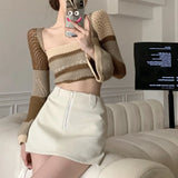 Ebbgo  2024 Spring New Hollow Out Knitted T-shirts Fashion Vintage Striped Tops Women Y2k Backless Lace Up Flare Sleeve Tee Shirt