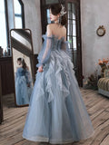 Ebbgo  - Elegant Blue Prom Gown Women's Strapless Slim Fit Design Floor Length Detachable Ruffle Edge Mesh Sleeve Quinceanera Vestido