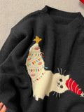 Ebbgo  -  round neck Christmas cat embroidered pullover sweater women's new autumn and winter loose sweet all-match knitted top