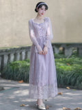 Ebbgo  Autumn Dress Purple Party Dresses Embroidered Lace Square Collar French Romantic Fairy Dresses Flared Sleeve Sweet Vestido midi