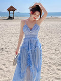 Ebbgo  -  Women Summer V-neck Backless Fairy Dress Vintage Blue Ruffles Holiday Beach Spaghetti Strapped Dresses Elagant Party Dress