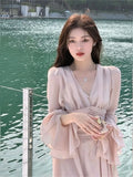 Ebbgo  French Romantic Pink Chiffon Long Dress V-neck Flare Sleeve vestido maxi robe femme chic et élégante soiree longue wedding prom