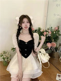 Ebbgo  -  Lolita Girl Stitching French Princess Dress Sexy Square Collar Ruffles Hem Cake Party Dress Puff Sleeve Slim A Line Mini Dress