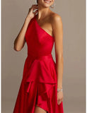 Ebbgo  - Sexy Backless Prom Dress Formal Evening Party Gowns One Shoulder Sleeveless Asymmetrical Satin with Pleats Slit Ruffles