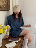 Ebbgo  Denim Suits Women Summer Retro Loose Fashion New Short Sleeve Shirts Wide Leg Shorts Office Lady High Street Sets